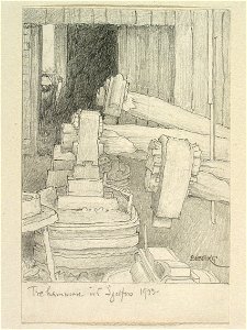 Tre hammare i Igelfors, Östergötland. Teckning av Ferdinand Boberg - Nordiska museet - NMA.0089507