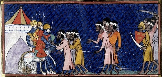 Treacherous attack by Saracens, Chroniques de France ou de Saint Denis, Royal 16 G.VI, f.442, second quarter of 14th century (22095297123). Free illustration for personal and commercial use.