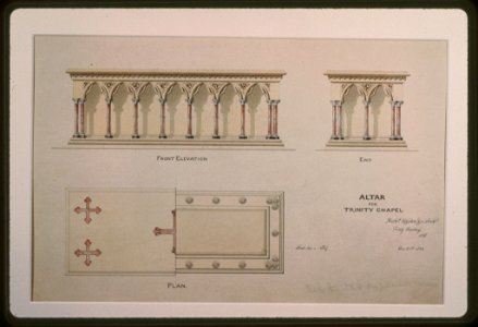 Trinity Chapel (New York). Altar. Front and end elevations and plan. Rendering) - Richd Upjohn & Co. Archts, Trinity Building, N.Y LCCN97516589. Free illustration for personal and commercial use.