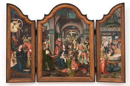 Triptych with the Adoration of the Magi by a follower of the Master of 1518 Bonnefantenmuseum 1001798. Free illustration for personal and commercial use.