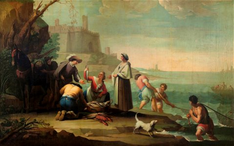 Tres marineros tirando la red y una mujer vendiendo pescado, de Zacarías González Velázquez (Museo del Prado)