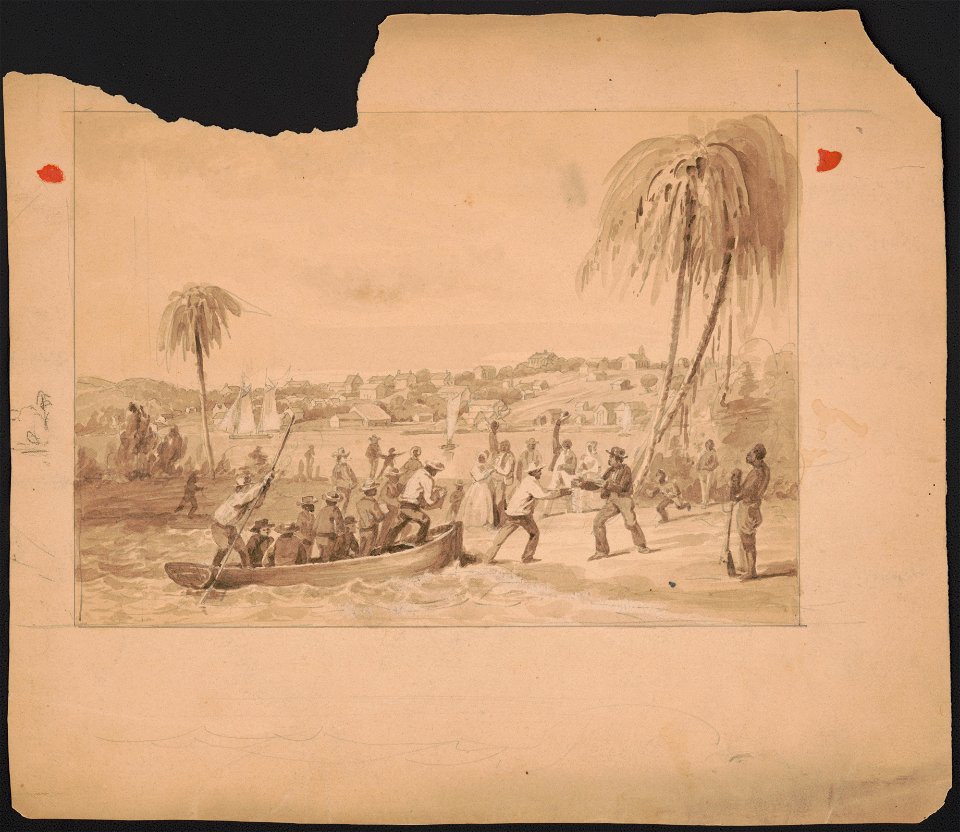 Tropical beach scene with boat full of men coming ashore where they are met by friends or relatives LCCN2016649129
