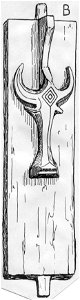 Träskulptur i Benahoe-templet. Buffelhuvud och fallusmotiv. Lokal, Celebes. Mellan-Celebes, Paloe - SMVK - 012020b