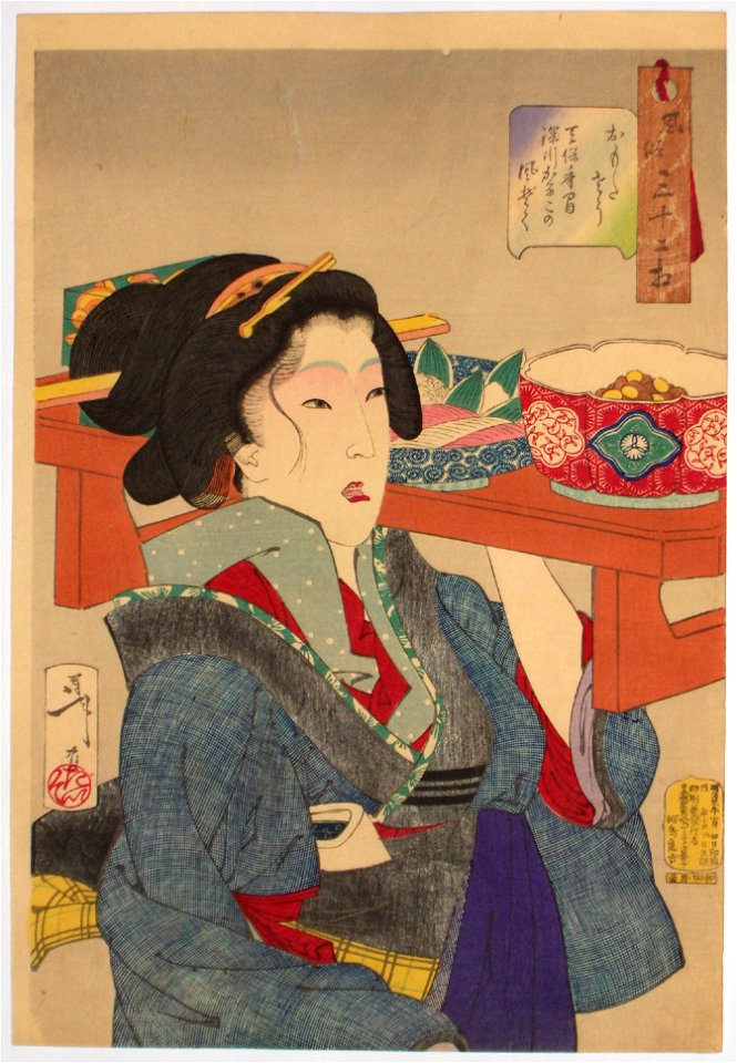 Tsukioka Yoshitoshi - Looking Weighed-down- The Appearance of a Waitress at Fukagawa in the Tempo Era