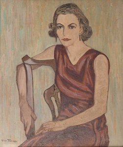Portrait of a seated woman wearing a red dress by Allen Tucker