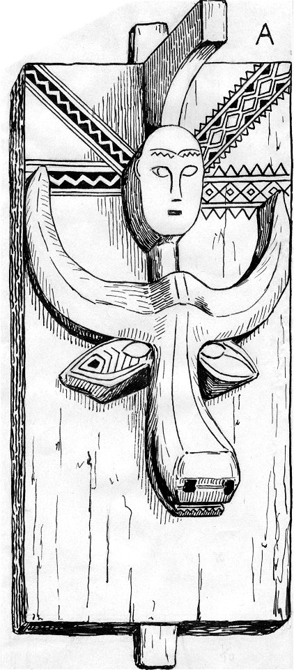 Träskulptur i Benahoe-templet. Buffelhuvud och fallusmotiv. Lokal, Celebes. Mellan-Celebes, Paloe - SMVK - 012020
