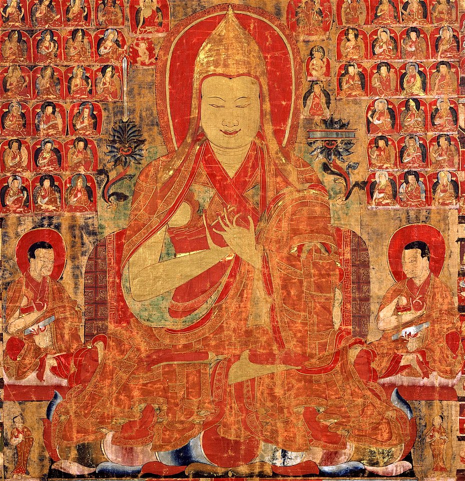 Tsongkapa, thangka from Tibet in the 15th-century, painting on cloth (cropped)