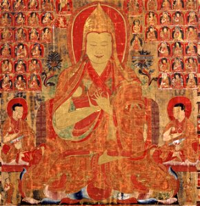 Tsongkapa, thangka from Tibet in the 15th-century, painting on cloth (cropped)