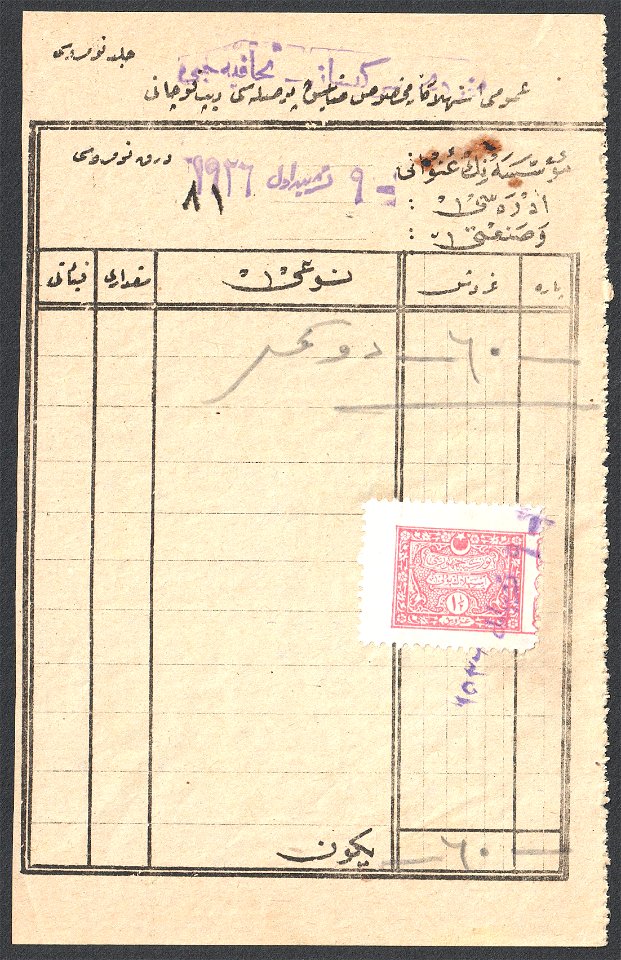 Turkey 1923 sales tax Sul6212x on receipt