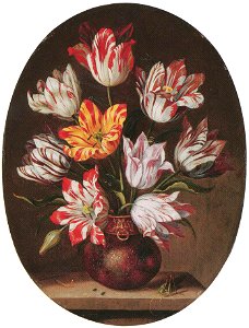 Tulips in a vase with a caterpillar and a grasshopper on a stone ledge by Jacob Marrel London, Christie's 2002-12-11