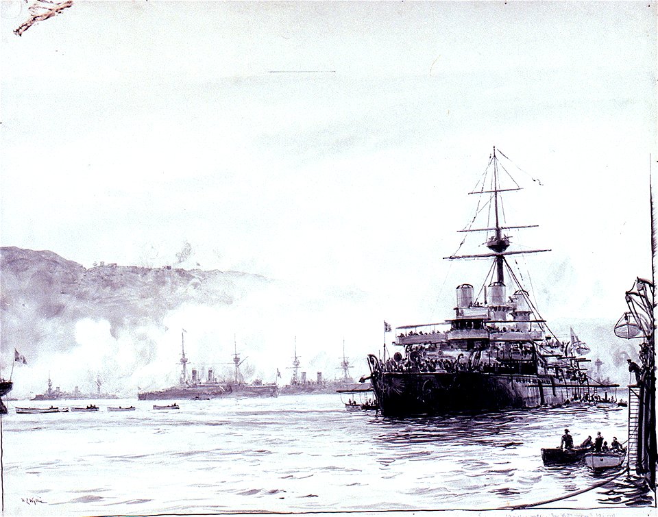 Turkish fortifications being shelled- Dardanelles campaign, 1915 RMG PW1753