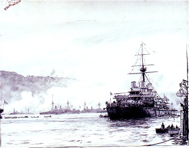 Turkish fortifications being shelled- Dardanelles campaign, 1915 RMG PW1753