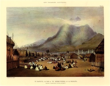 TU KAITOTE, THE PAH OF TE WHERO WHERO, ON THE WAIKATO. TAUPIRI MOUNTAIN IN THE DISTANCE, The New Zealanders Illustrated, 1847