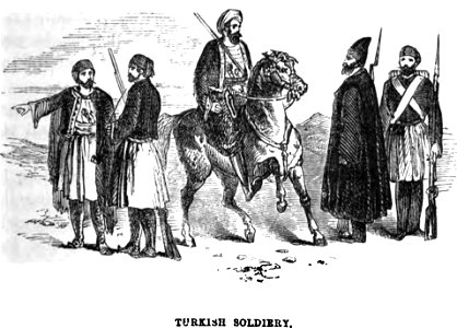 Turkish soldiers. Edmund Spencer. Turkey, Russia, the Black Sea, and Circassia.P.197. Free illustration for personal and commercial use.