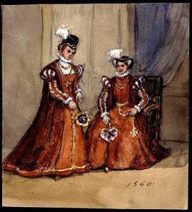 Två kvinnor i Historiska dräkter 1560. Fritz von Dardel - Nordiska Museet - NMA.0037685