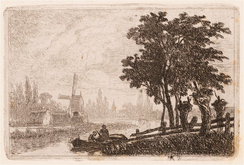 Twee vissers in een bootje met een molen op de achtergrond, objectnr A 14221
