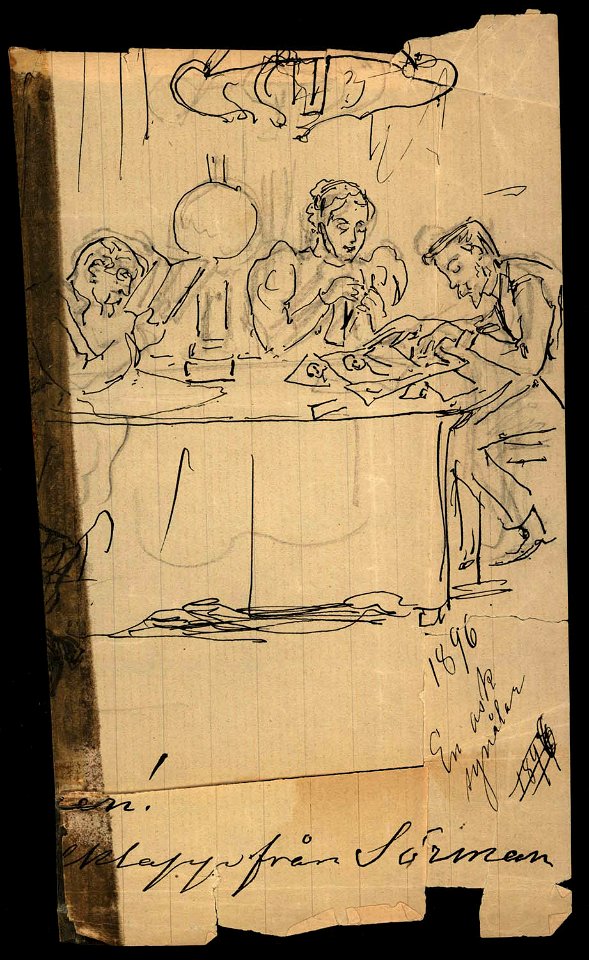 Två män och en kvinna sitter runt ett bord med en fotogenlampa. Fritz von Dardel, 1896 - Nordiska Museet - NMA.0035974