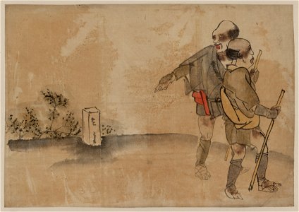 Two men walking, one points to a shrine marker LCCN2009630012