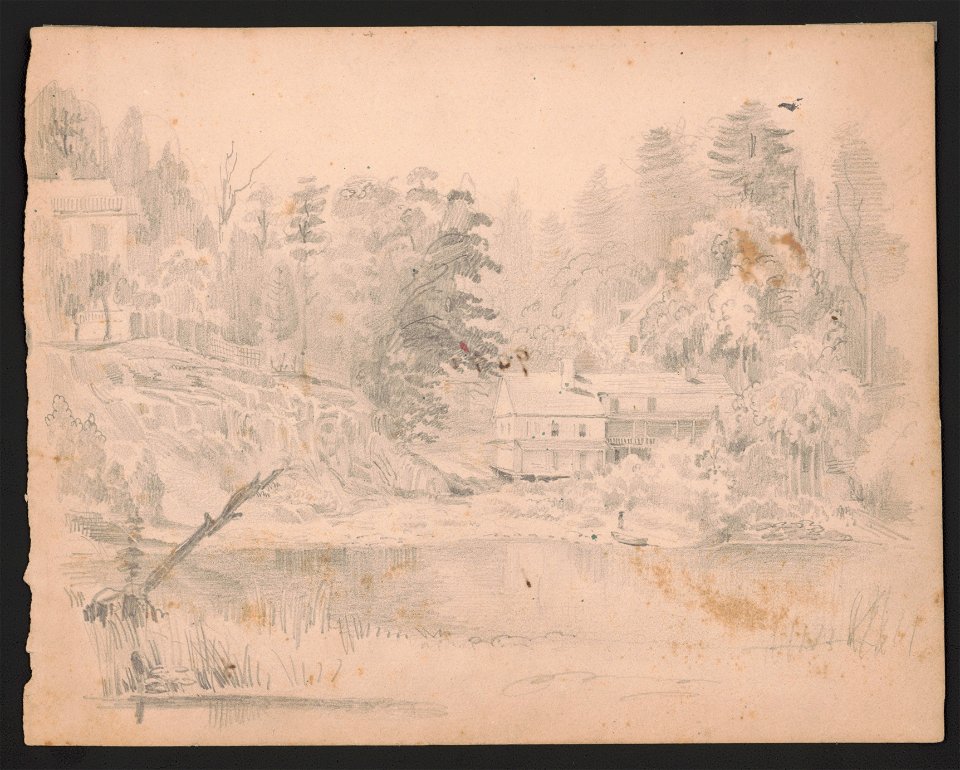 Two houses along a river, one up on a rocky embankment, the other closer to the water's edge. A figure, perhaps a woman with a parasol, walks toward the water's edge where a rowboat is on LCCN2016645933