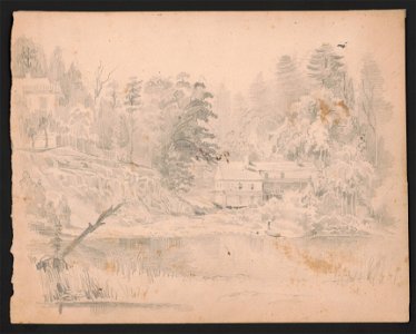 Two houses along a river, one up on a rocky embankment, the other closer to the water's edge. A figure, perhaps a woman with a parasol, walks toward the water's edge where a rowboat is on LCCN2016645933