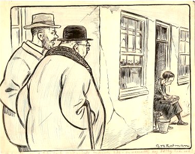 Twee mannen zien vrouw op stoep (G.Th Rotman)