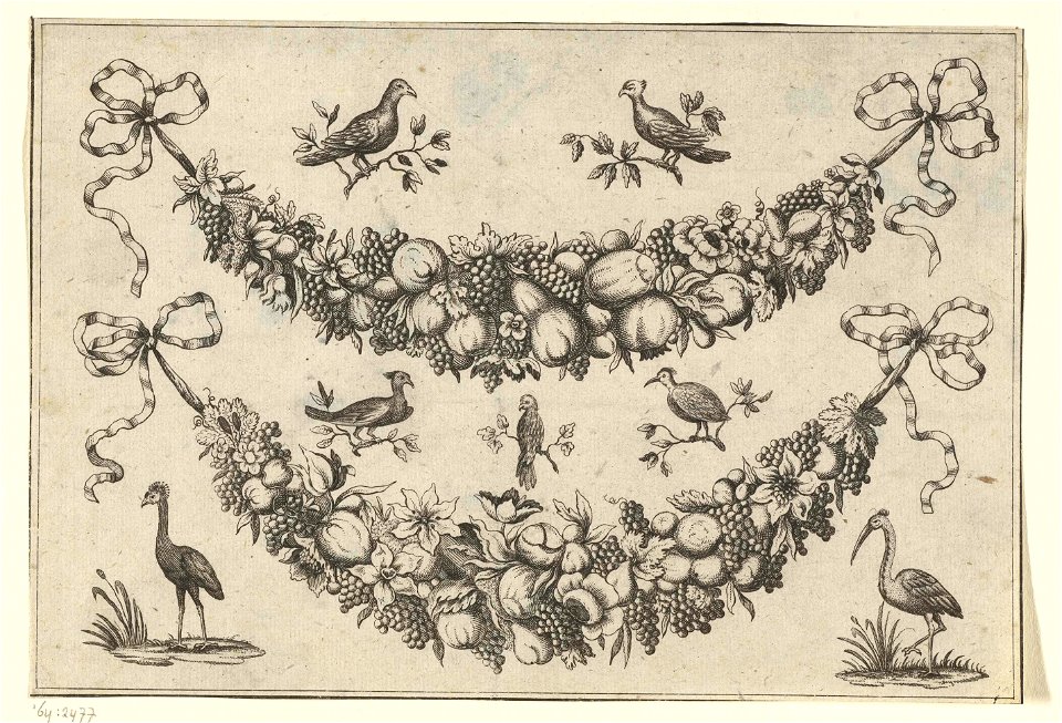 Twee festoenen en zeven vogels