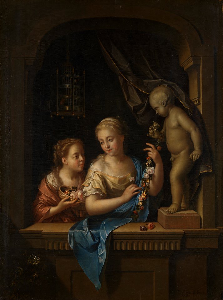 Twee meisjes met bloemen bij een beeld van Cupido Rijksmuseum SK-A-471