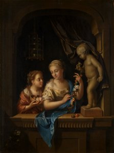 Twee meisjes met bloemen bij een beeld van Cupido Rijksmuseum SK-A-471