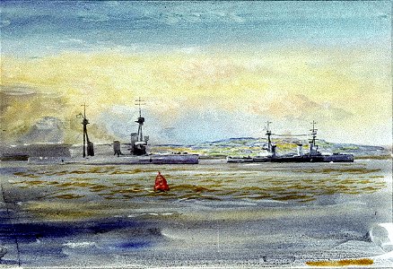 Two 'Invincible'-class battlecruisers at Scapa Flow, 1915-17, with a red cone buoy in the foreground RMG PU9907