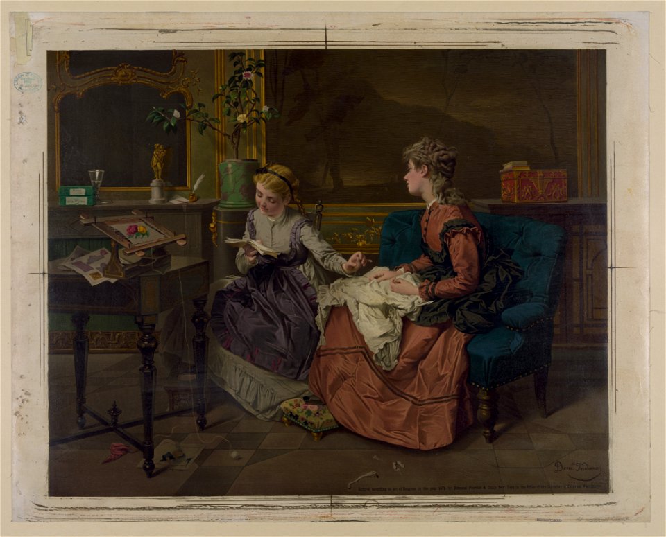 Two girls, one reading, one sewing LCCN2003681765