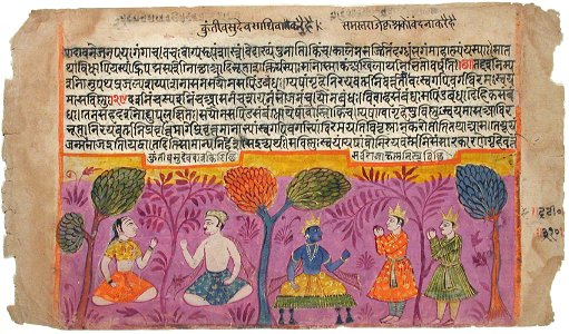 Two princes perform puja to Krishna in the forest (purple background) (6125061698)