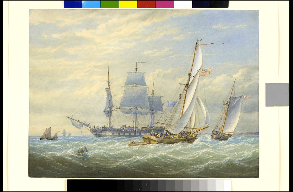 Two cutters under sail and a ship at anchor RMG PX9800