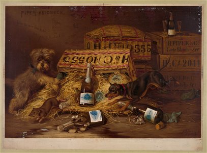 Two dogs chasing mouse through open case of champagne LCCN2003680083