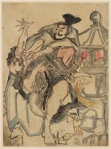 Two men struggling next to a stone lantern, upsetting a teapot LCCN2009630023