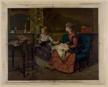 Two girls, one reading, one sewing LCCN2003681765