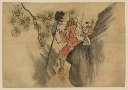 Two men, one carrying a large axe, walking along a narrow mountain pass LCCN2009630010