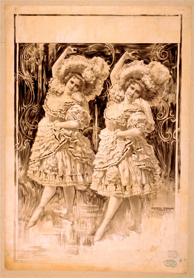 Two women dancing in ruffled costumes and hats LCCN2014636783