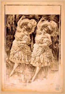 Two women dancing in ruffled costumes and hats LCCN2014636783