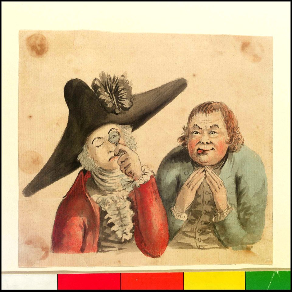 Two male figures, one with a large cocked hat and a quizzing glass (Bray album) RMG PT2043