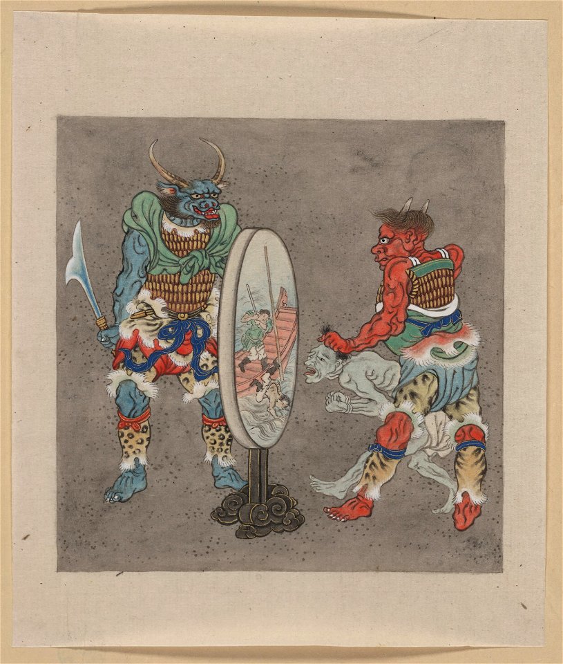 Two mythological Buddhist or Hindu figures, one holding a captive and showing him an image in a magic mirror of a man falling off a boat during a fight LCCN2009630157