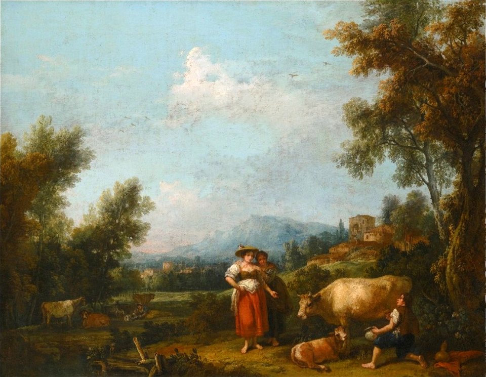 Two Maids Converse with a Boy Milking a Cow by Francesco Zuccarelli