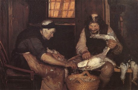 Two Old People Plucking Gulls (Anna Ancher). Free illustration for personal and commercial use.