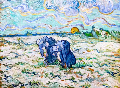 Two digging peasant-women digging on a snow-covered field