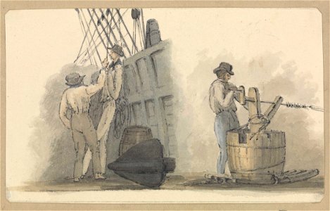 Two deck scenes- two men relaxing on deck, and a man working a winding handle fixed on a barrel RMG PZ4299