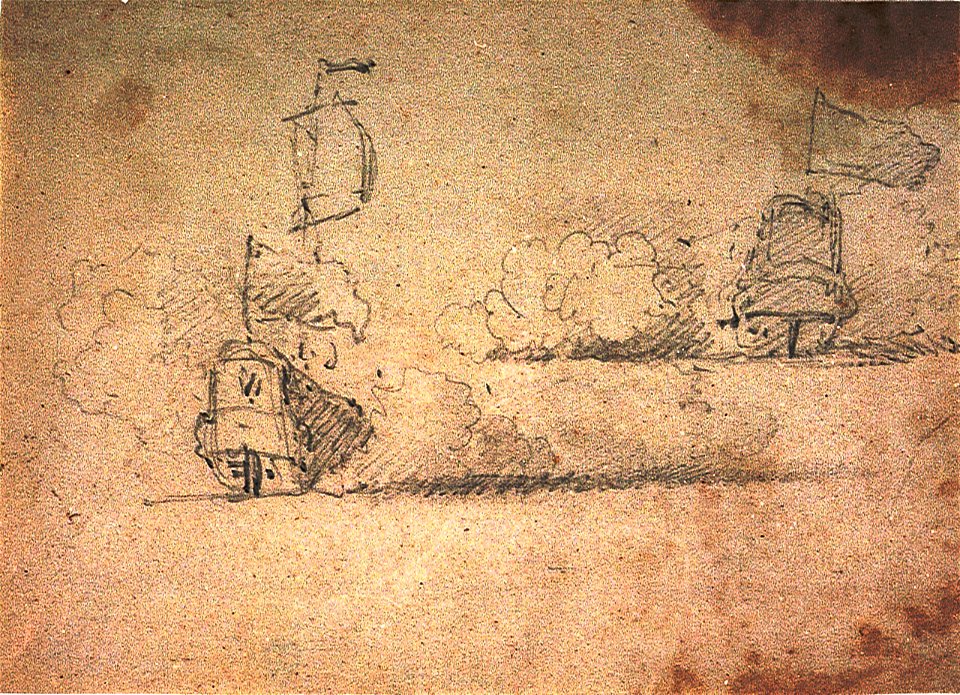 Two sketches of a ship in action RMG PV5278