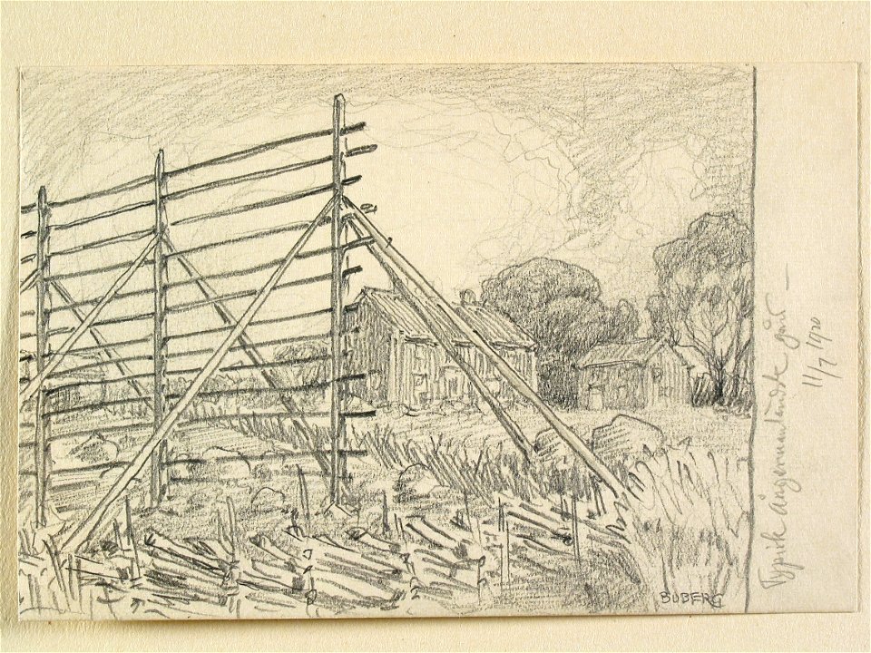 Typisk ångermanländsk gård . Hässja i förgrunden. Teckning av Ferdinand Boberg - Nordiska museet - NMA.0088659
