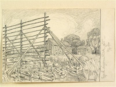Typisk ångermanländsk gård . Hässja i förgrunden. Teckning av Ferdinand Boberg - Nordiska museet - NMA.0088659
