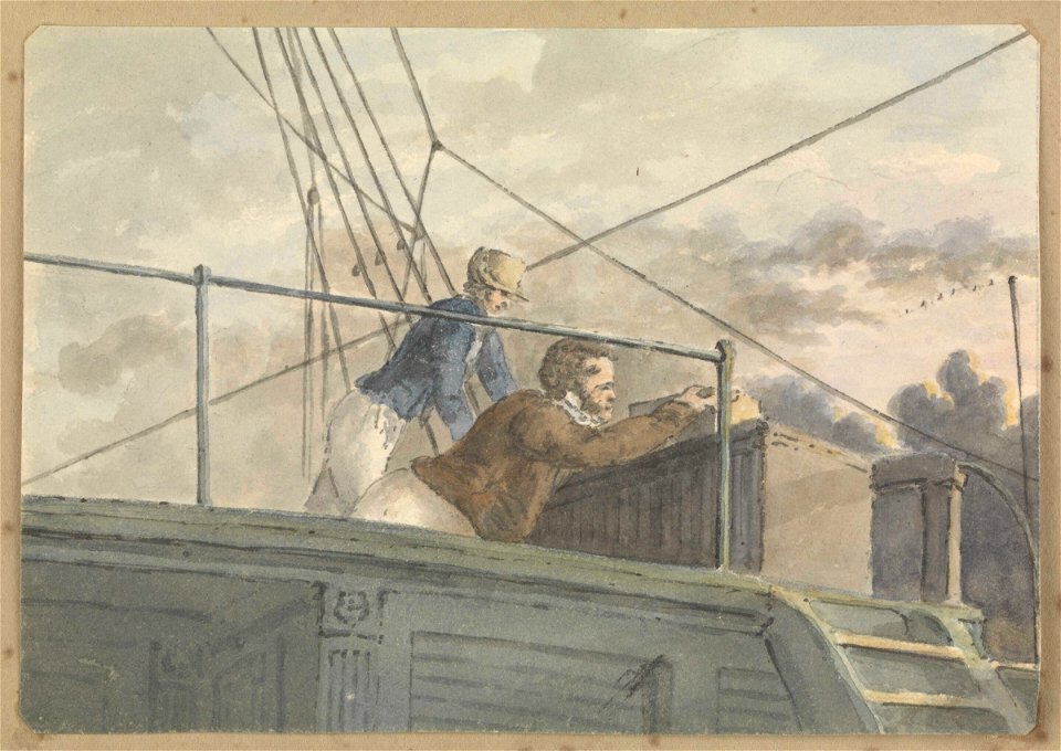 Two sailors on the upper deck of a ship, seen from below RMG PZ4314