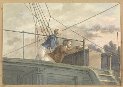 Two sailors on the upper deck of a ship, seen from below RMG PZ4314
