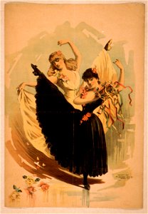 Two women dancing, one in yellow dress and one in black dress with tambourine LCCN2014636777